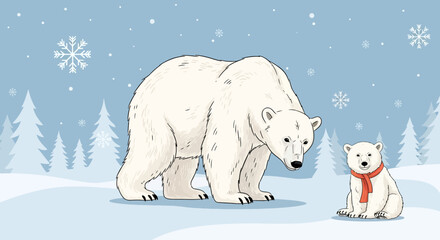 A polar bear mother and cub enjoy a snowy winter day. © Bagaskara