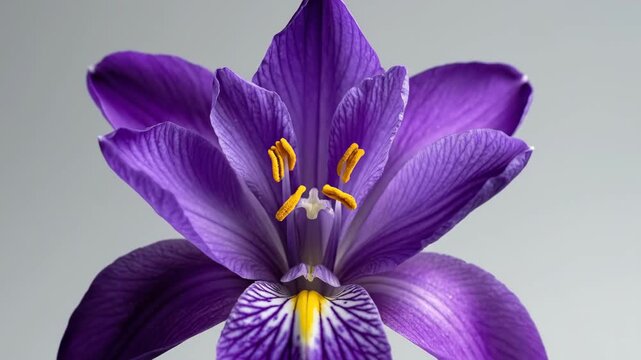 Close up of a vibrant purple iris flower blooming in spring.