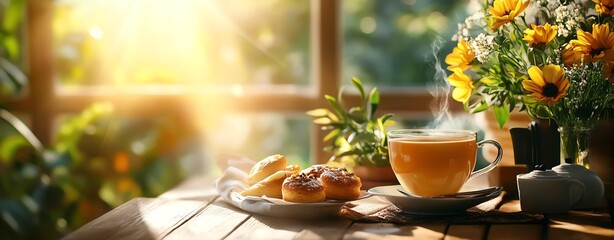 Serene morning with tea and pastries near flowers.