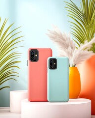 Stylish smartphones in a vibrant decor setting.