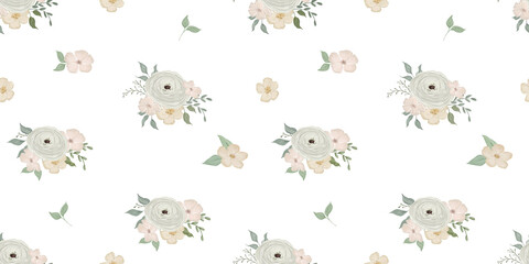 Fototapeta premium Watercolour cottagecore seamless pattern, repeating romantic motif with hand painted roses with leaves for wallpaper, textile elegant floral design
