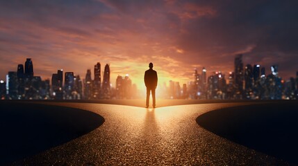 Path to Future: Silhouette of an individual standing at a crossroads, gazing towards a majestic cityscape under a vibrant sunset sky, embodies decision-making and exploring the potential paths ahead.