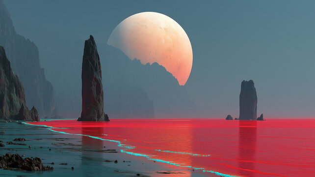 A dramatic and surreal alien seascape featuring jagged black rock pillars rising from a vibrant, glowing red ocean under a massive, low-hanging moon on a hazy teal horizon.