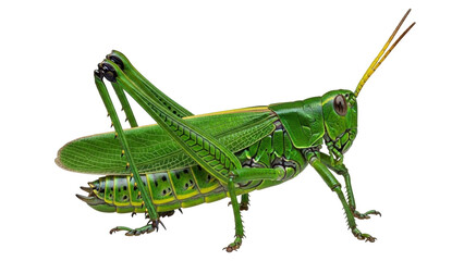 Isolated vivid green grasshopper, detailed insect anatomy, antennae, exoskeleton, and wings