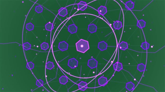 Bright dot appearing, animating hex hub, orbiting nodes, showing network on transparent background