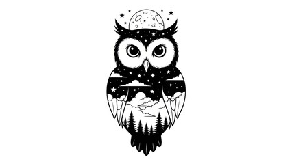 Fototapeta premium A black and white illustration of an owl with large eyes