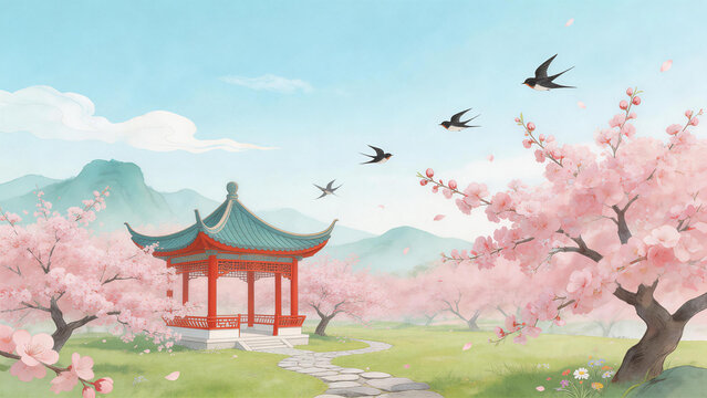 A serene spring landscape featuring a traditional red pavilion amidst blooming cherry blossoms, with swallows flying under a clear blue sky and distant mountains.