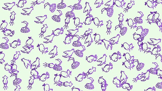 Doodle animal seamless pattern cartoon cute purple sketch hand drawn ideal for children's designs, playful backgrounds, fabric prints, or whimsical packaging.