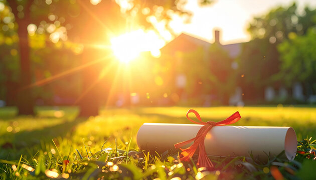 Graduation diploma on sunny university campus lawn