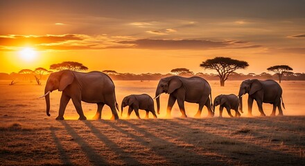 Obraz premium A magnificent family of African elephants treks across the savanna grasslands during a breathtaking, vibrant orange sunset with acacia trees silhouetted against the glowing horizon.