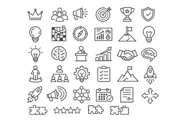 Fototapeta premium A collection of business and technology icons displayed in a grid layout on a clean white background from a straightforward viewpoint