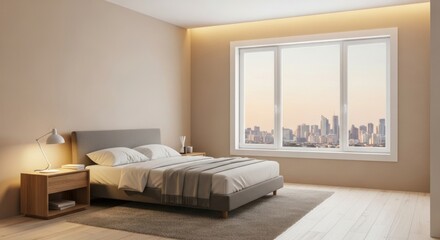 Fototapeta premium A serene bedroom with a large window overlooking a city skyline at sunset