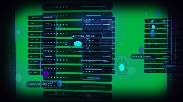 HUD panels activating on STREAM starting, sliding, pulsing nodes on transparent bg for monitoring