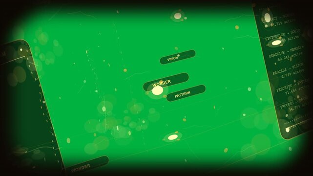 Nodes clustering-merging on data pulse, flagging WONDER VISION PATTERN, showing stats, transparent