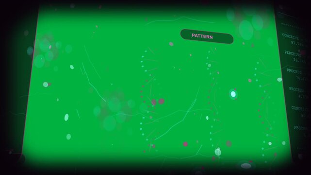 Camera sweeping, transparent HUD animating clusters merging, patterns forming, highlighting metrics