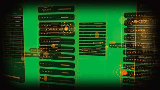 Camera panning, UI cards shifting, labels sliding, nodes pulsing, showing active state on alpha bg