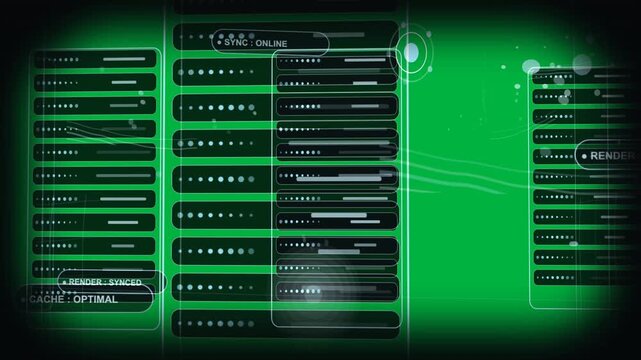 On load center panel sending pulsing lines to right dots and bars animating syncing transparent HUD