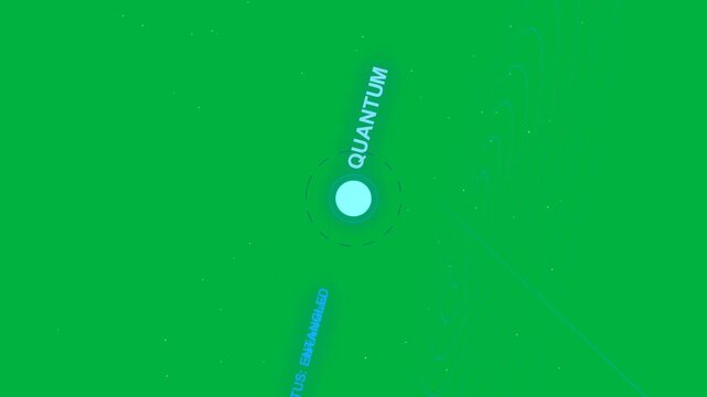 Camera pivoting, quantum HUD rotating closer, core pulsing, showing entangled status, transparent