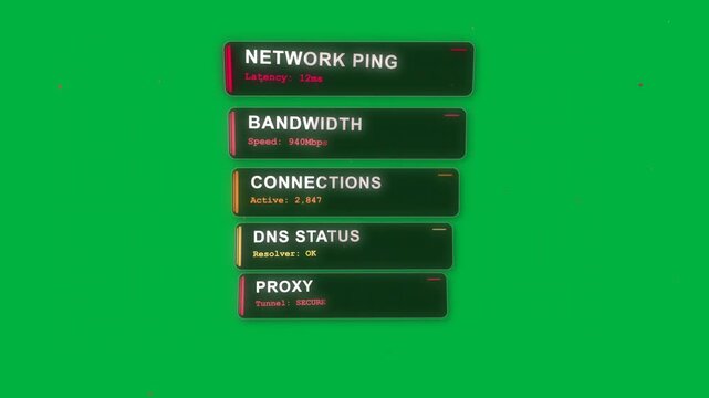 Pulsing network nodes starting HUD stack sliding in and settling, highlighting live network status