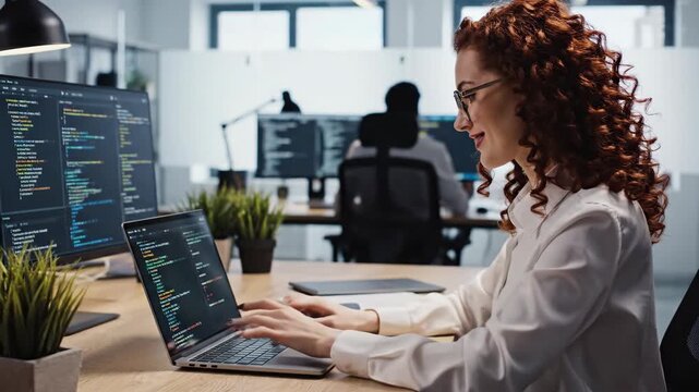 Woman programmer working on laptop in modern office with multiple monitors.