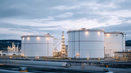 Obraz premium Chemical factory with large storage tanks, pipes, and industrial infrastructure at dusk, ideal for chemical industry, industrial production, factory complex, manufacturing facility, energy sector,