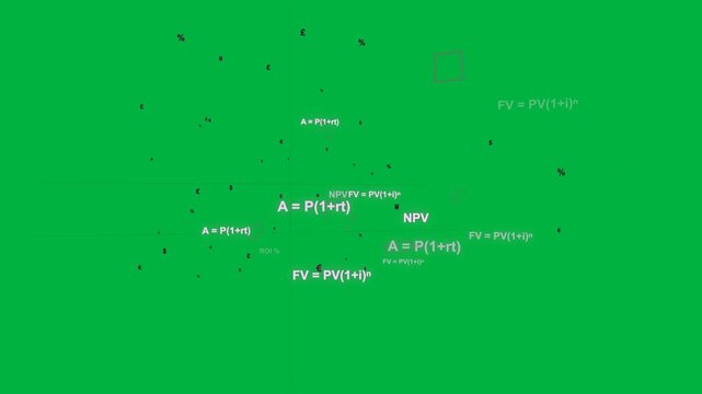 Pink formulas appearing left, clustering and stabilizing, visualizing finance on transparent black
