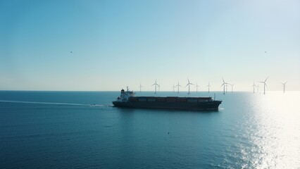 Ship sailing near wind turbines
