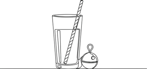 Minimalist line drawing of a tall glass with straw and ice