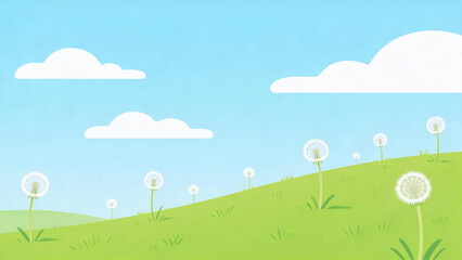 Fototapeta premium Illustration of a green hillside dotted with dandelions under a bright blue sky with white clouds. Depicts a serene, pastoral outdoor landscape ideal for nature-themed designs.