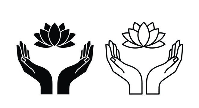 Two pairs of cupped hands offering lotus flowers in black and white