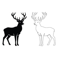 A high quality vector illustration of a majestic male deer stag with impressive antlers, presented in two artistic versions a solid black silhouette and a clean, minimalist line art outline. 