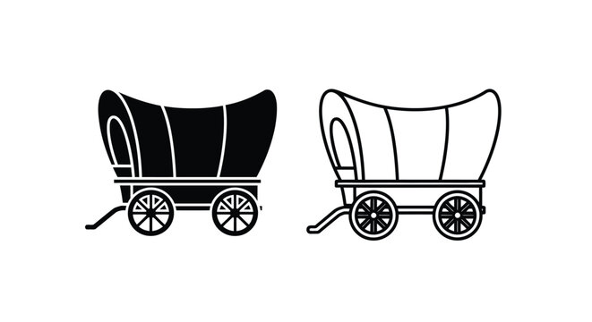 Two covered wagons in black and white side by side