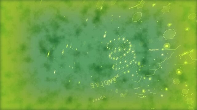 Dots entering right sparking neon helix, rotating labels showing mutation on transparent canvas