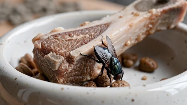 A common housefly lands on a piece of raw meat in a white bowl, highlighting the unsanitary nature of pests and food contamination.