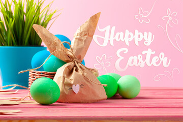 Fototapeta premium Happy Easter celebration with colorful eggs and bunny decoration on a bright background