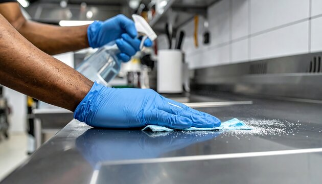 Close up of chef wearing blue nitrile gloves meticulously cleaning and sanitizing stainless kitchen surfaces with a spray bottle