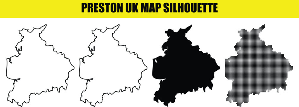Preston uk map silhouette collection white outline filled black dotted outline and filled