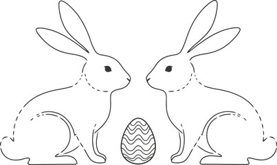 Obraz premium Two adorable sketched bunnies face each other near an easter egg