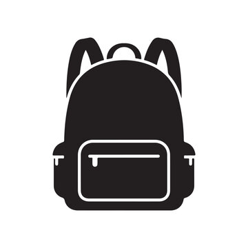 Black solid icon of backpack with two straps and front pocket isolated on white background  simple school bag  travel bag