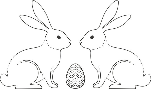 Two adorable sketched bunnies face each other near an easter egg