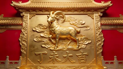 Fototapeta premium Imperial golden goat sculpture surrounded by auspicious clouds, text 