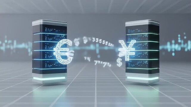 Digital currency exchange between Euro and Yen with futuristic data visualization in background