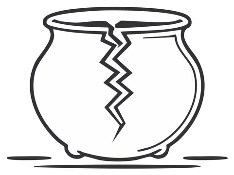 Cracked empty cauldron outline simple line drawing icon