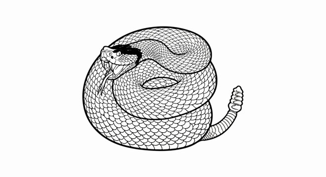 Detailed black and white drawing of a coiled snake with open mouth and rattling tail