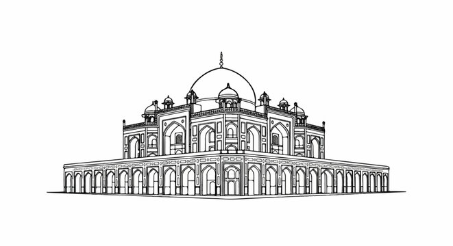 Detailed black and white line drawing of an ornate domed building with arched arcades
