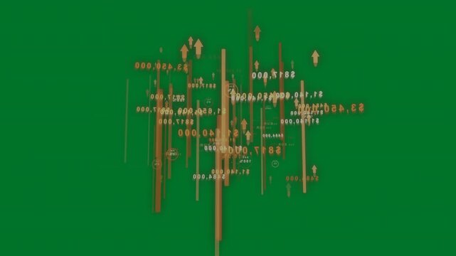 Frames 1-3 spawning bars 3D cluster emerging rotating, visualizing market data on transparent bg