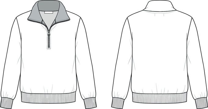 Blank quarter zip pullover sweatshirt fashion flat sketch vector template with front and back view design illustration for tech pack
