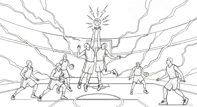 Dynamic basketball players leap for the ball amidst stylized, energetic lines