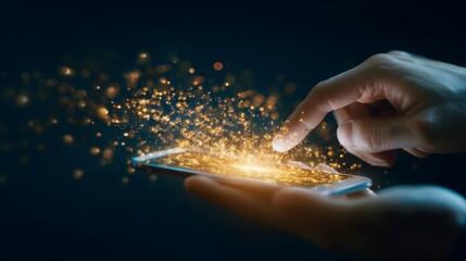 Digital Touch of Innovation: A close-up shot of a hand interacting with a smart device, surrounded by radiant particles, symbolizing technological advancement and connectivity.