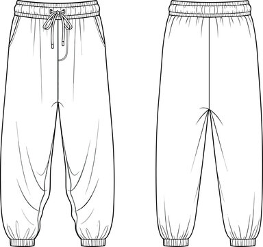 Blank sweatpants vector illustration front and back view technical fashion flat sketch casual jogger pants template design mockup line art